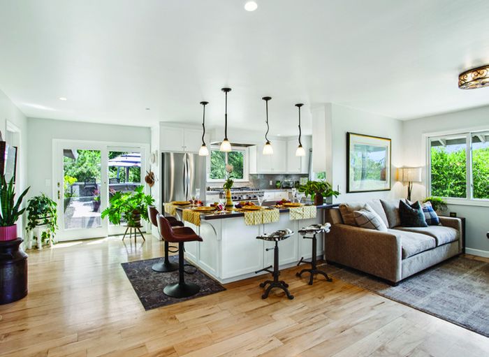 Bright open kitchen and living room at Evergreen Lane